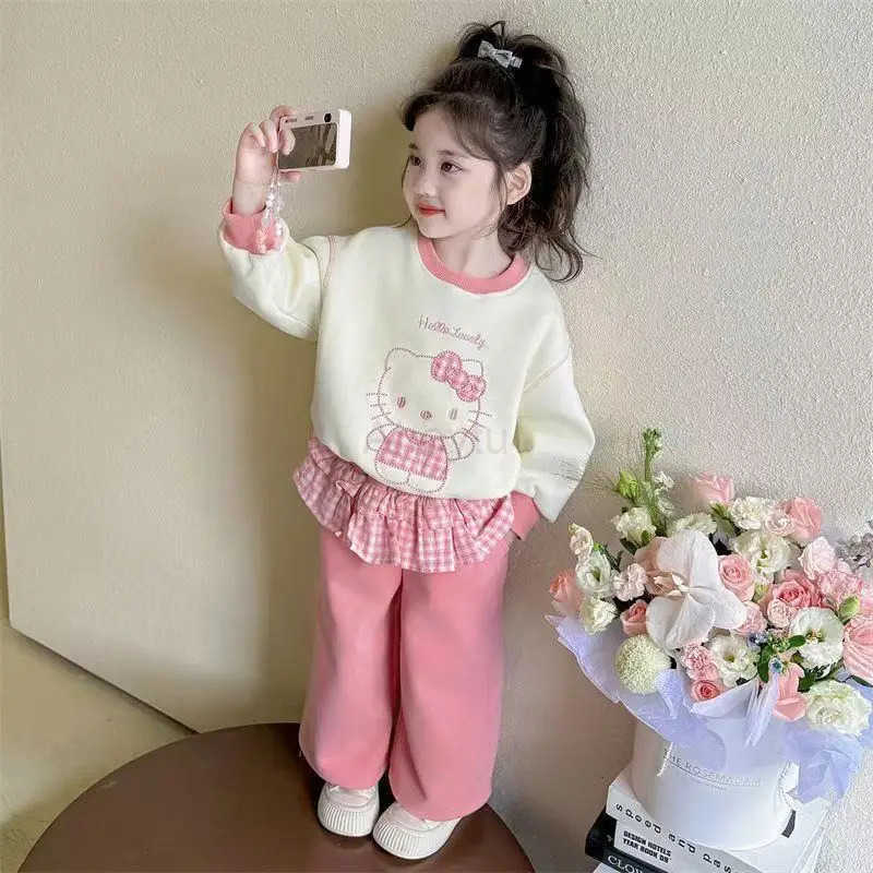 Sanrio Girl Clothes Set Autumn Kid Sweatshirts Pullover Hello Kitty Lace Trimmings TopPants 2pcs Suit Children Cute Tracksuits Outfit H251216