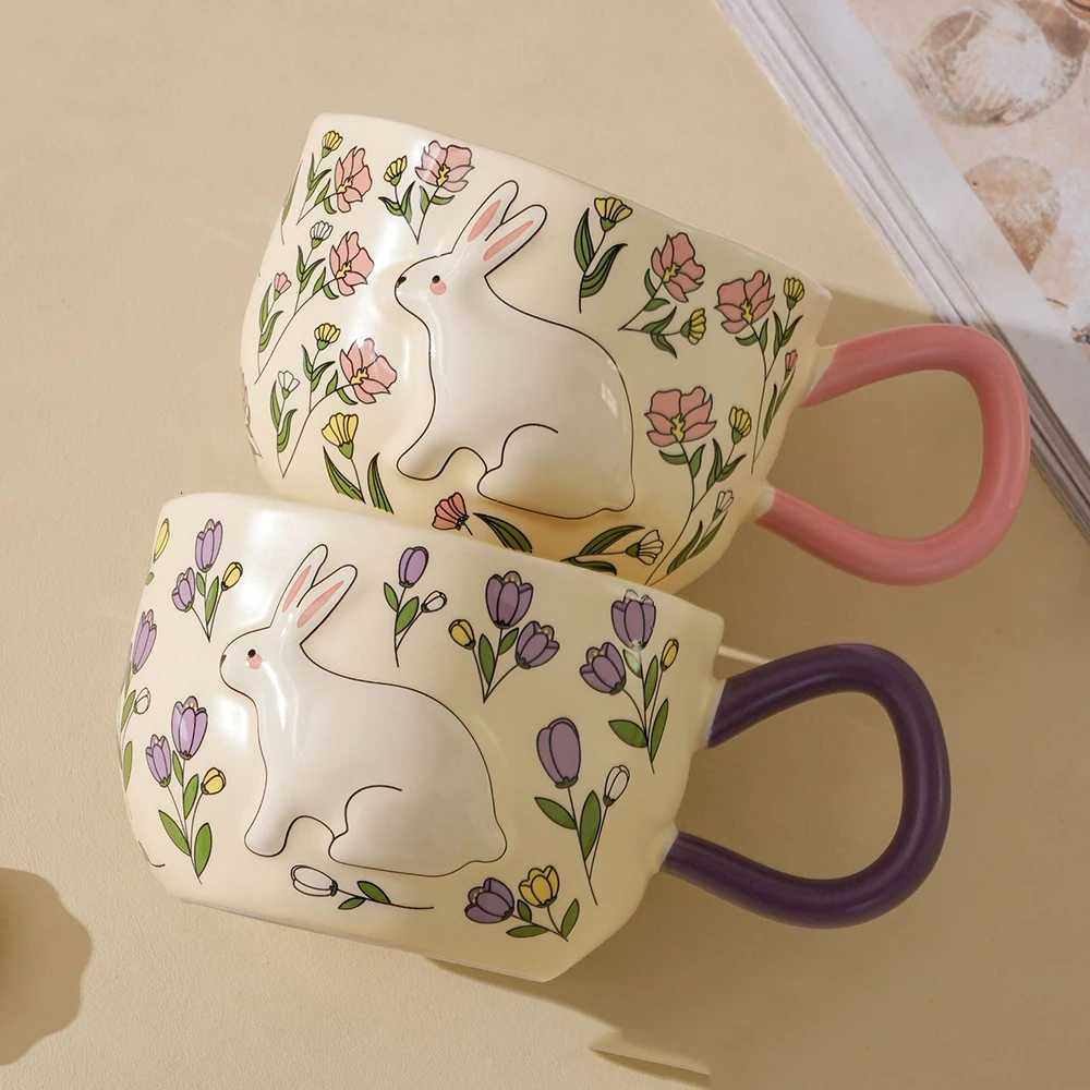 Rabbit Ceramic g Floral Pattern Milk Cup Colorf Drinkware Cute Design Embossed Design Teacup For He Tableware H251215
