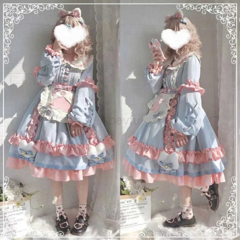Sanrio 2025 Princess Dresses Peter Pan Collar Puff Sleeve Bow Ruffles Patchwork Dress Cosplay Costume Lolita Sweet Kawaii Girl QWE2025 H251216