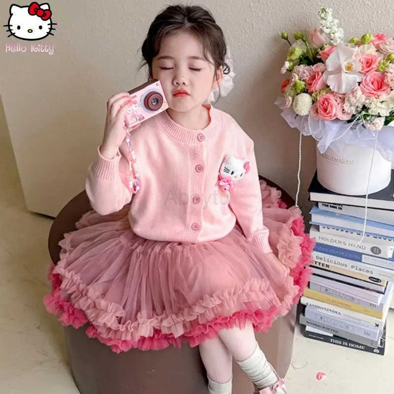 Sanrio Anime Cartoon Girls Clothing Hello Kitty Kuromi Knitted Cardigan Puffy Skirt Suit Kawaii New College Style Tutu Skirt2Pcs H251216