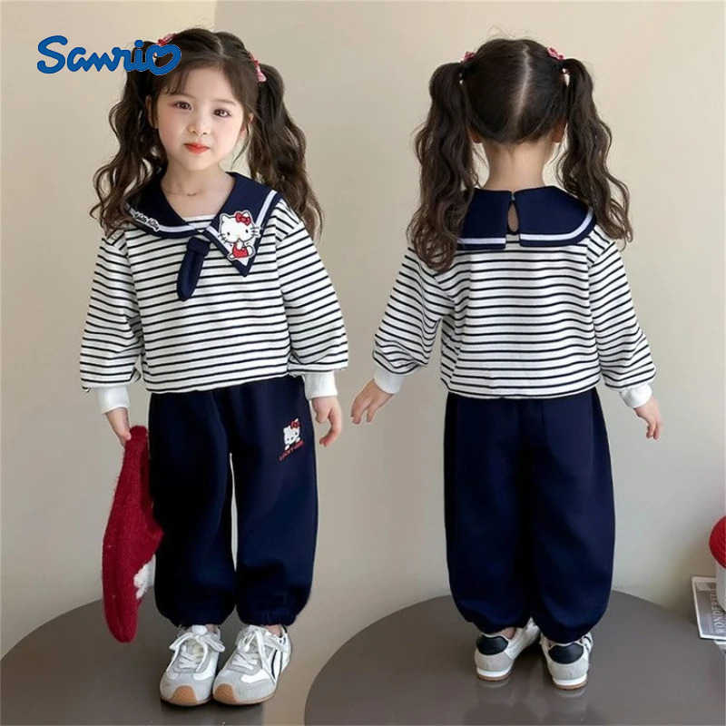 Sanrio Baby Girl Clothes Set Autumn Kid Hello Kitty Sweatshirts Pullover Striped TopPants 2pcs Suit Children Tracksuits Sweet Outfits H251216