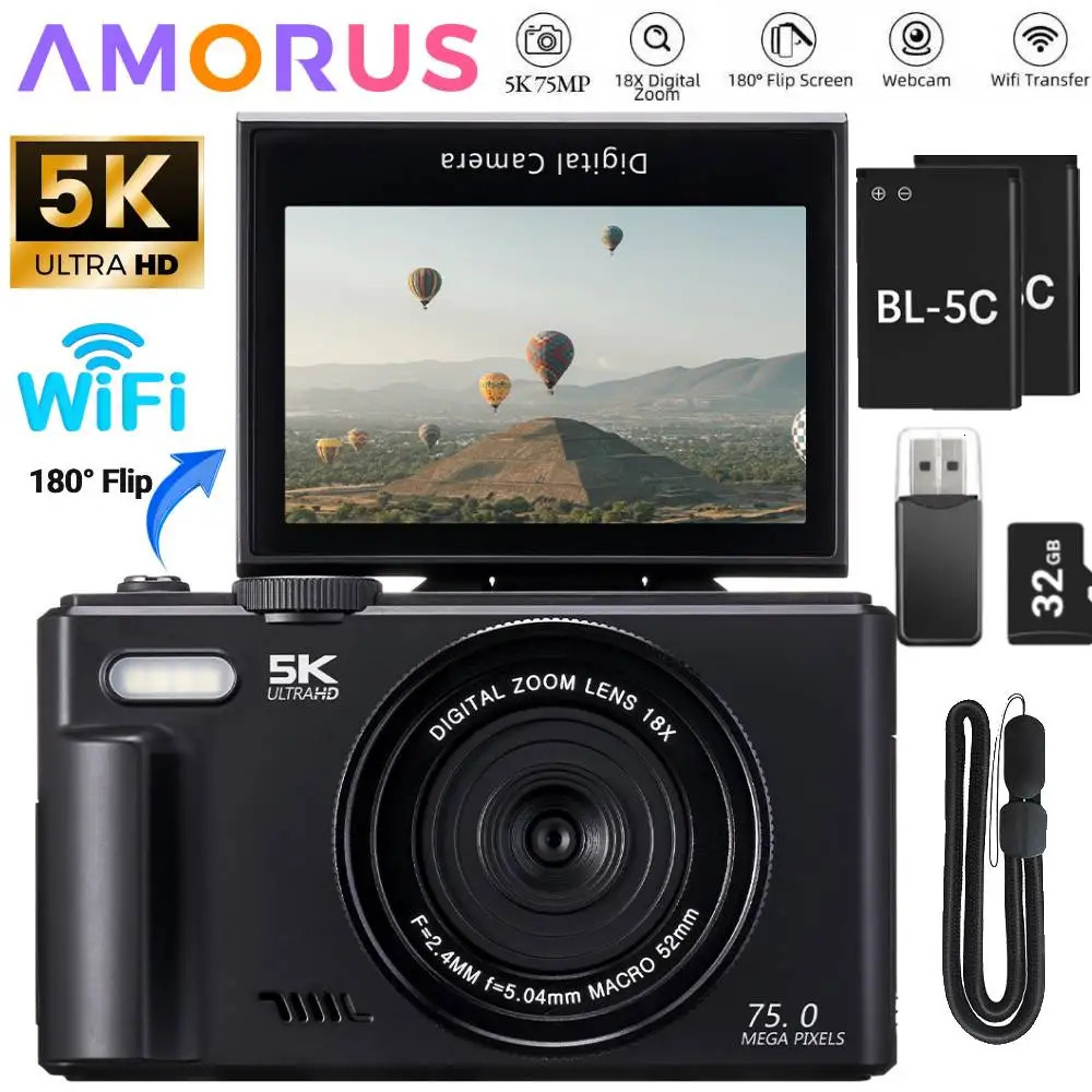75MP Digital Camera for Pography 5K 18X Digital Zoom Vintage Vlog Video Recorder For YouTube 180 Flip Screen Selfile WiFi 251216