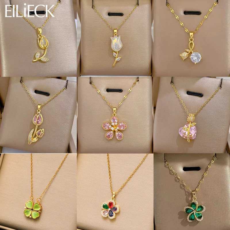 EILIECK 316L Stainless Steel Fashion Chic Cubic Zirconia Flower Pendant Necklace Tarnish Resistant Stylish Neck Chain Jewelry M251216