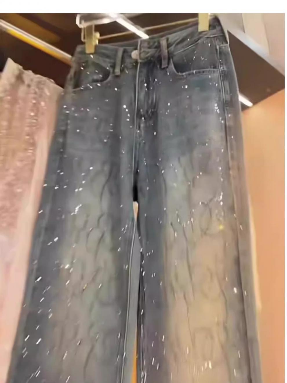 Designer Luxury Rhinestone Jeans For Women 2026 Spring Summer New Design High Waist Heavy Craft Shiny Loose Straight Wide Leg Floor-length Pants