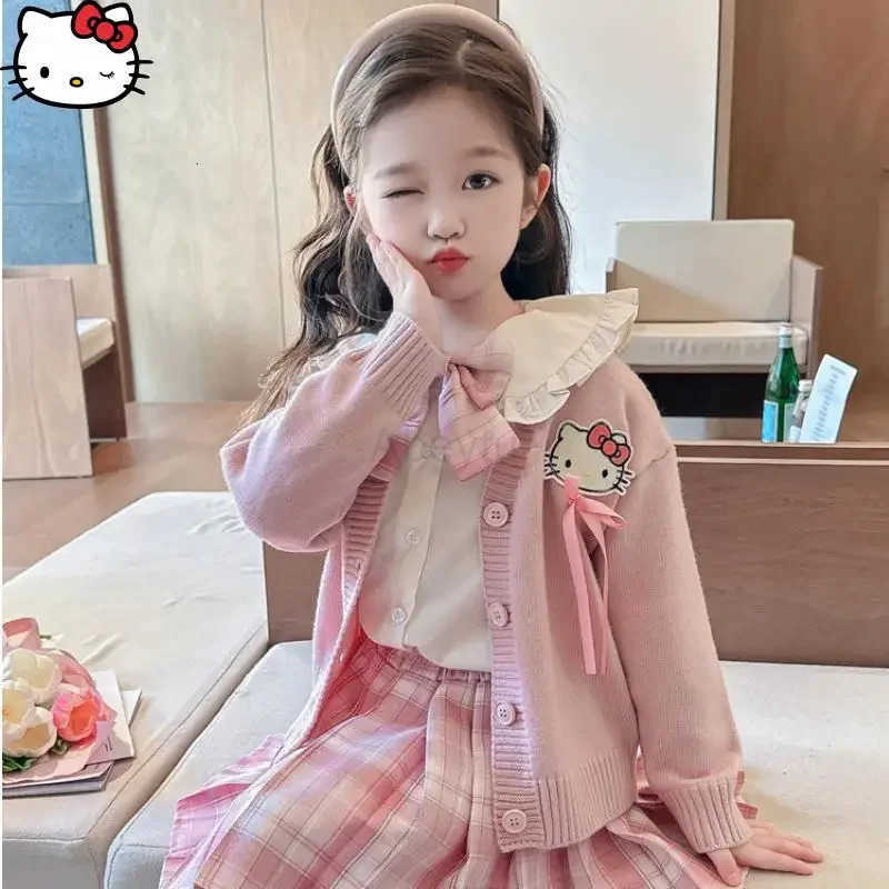 Sanrio Kawaii Girls Fashion Jk Skirt Set Hello Kitty Anime College Style Cartoon Doll Collar Shirt Pleated Skirt Cardigan Jacket H251216