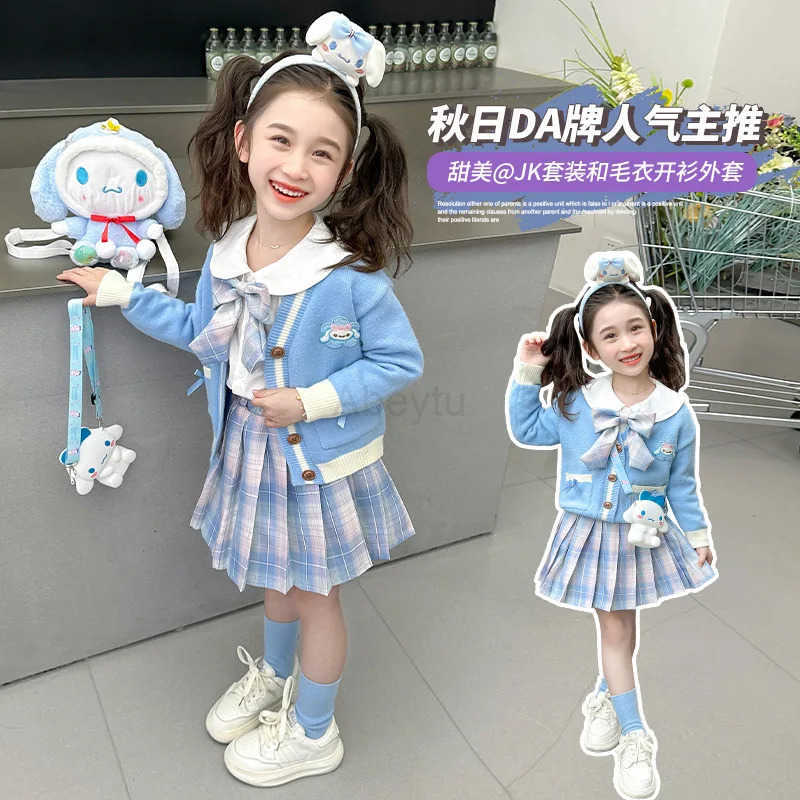 Sanrio Hot Girl Dress Set Cinnamoroll Kawaii Anime Fashion Student Casual Sweater Shirt Skirt 3-Piece Set Children Clothing New H251216