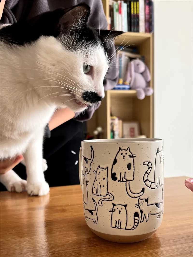 Super Cute Hand-painted Ceramic Tea Cup Cartoon Cat Large Capacity Coffee g Cups He Off Kitchen Bar Creative Gift H251215