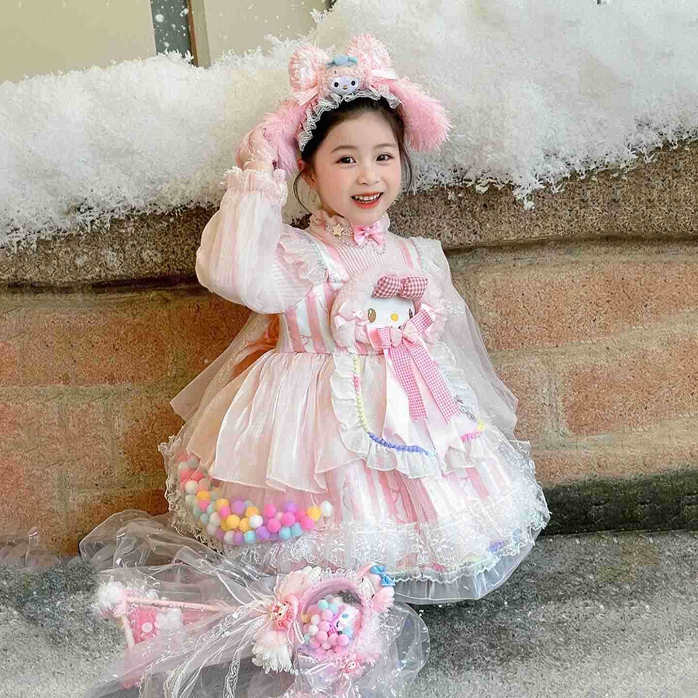 Sanrio Anime My Melody Girls Lolita Princess Party Dress with Bow Decoration Sweet Ruffled Tutu Skirt Layered Design for Festival Gift H251216