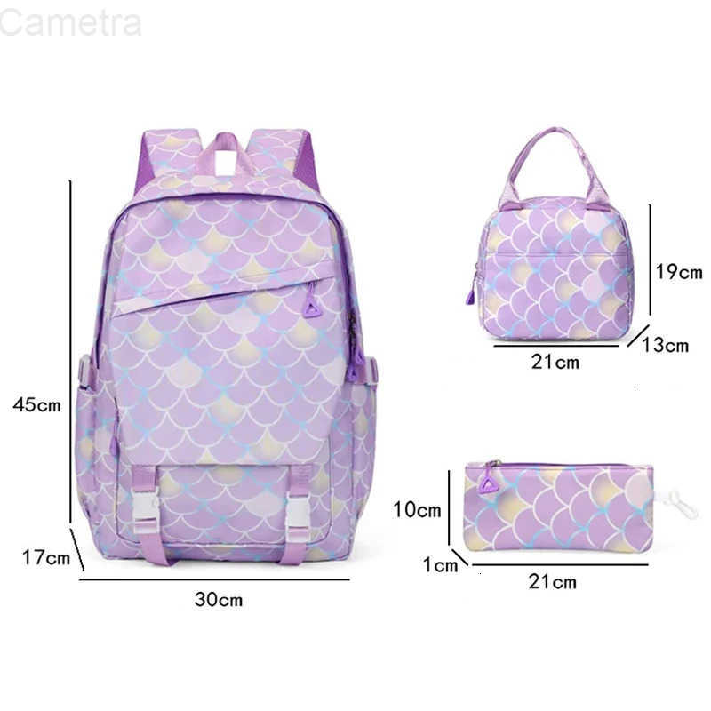 Sanrio 3Pcs Cinnamoroll Fish Scale Kid Backpack With Mermaid Pendant Lunch Girl School Bag Children Schoolbag For Teenage Girls H251216