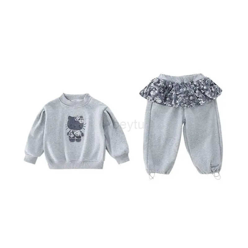 Sanrio Hellokitty Kid Plush Hoodie Set Cartoon Thickened Cotton-Padded Clothes Suit Anime Coat Sweatpants 2Pcs Cute Girl Gift H251216