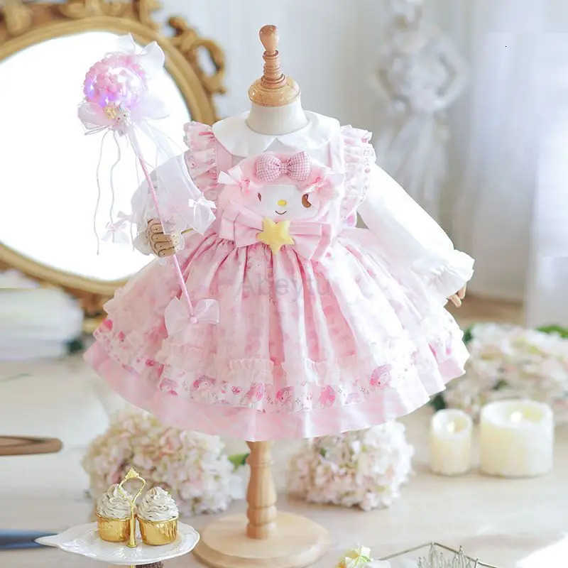 Sanrio My Melody Girls Lolita Princess Dress Party Dress Bow Decoration Dress Ruffled Tutu Skirt Anime Layered Dress Halloween H251216