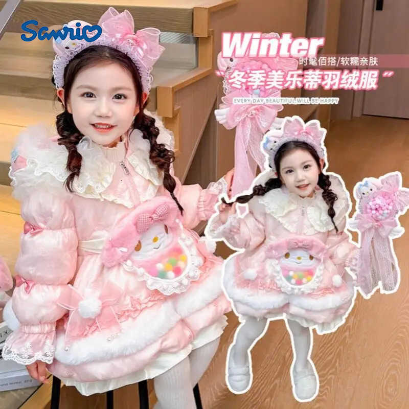 Sanrio My Melody Girls Lolita Down Jacket 2025 Winter New Children Cartoon Kawaii Warm Long Princess Style Thick Warm Coat Sweet Tops H251216