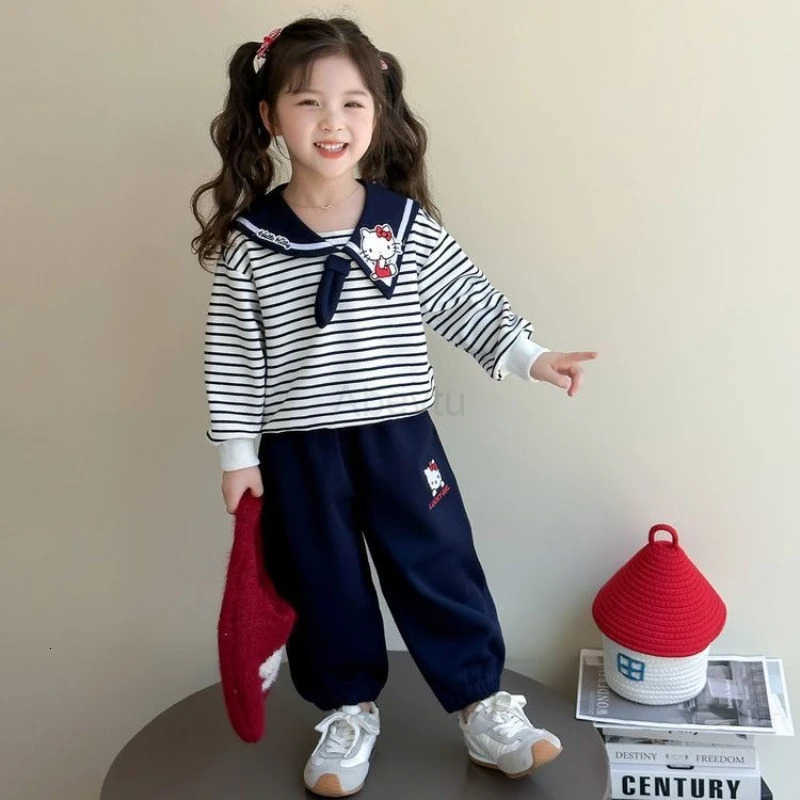 Sanrio Baby Girl Clothes Set Autumn Kid Hello Kitty Sweatshirts Pullover Striped TopPants 2pcs Suit Children Tracksuits Sweet Outfits H251216