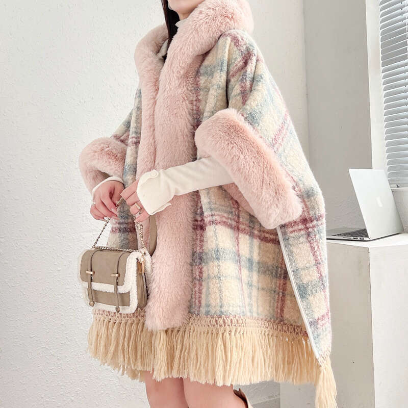 Hooded Shawl Coat For Women, Faux Rabbit Fur Capes Coats Women Plaid Poncho Jackets Tassel Hooded Batwing Sleeves Open Stitch Loose Casual 2025 Autumn - view 6