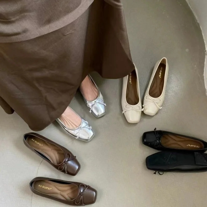 Bowtie Flat Shoes Women Ballerinas Square Toe Slip on Ballet Flats Lazy Loafers Moccasins Ladies Casual Comfort Shoes 251216