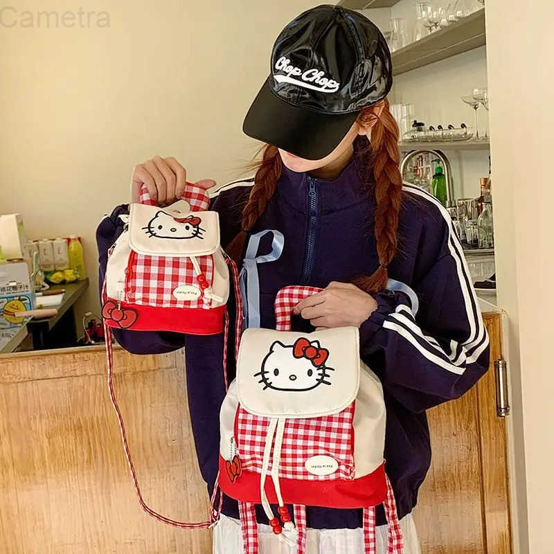 Sanrio Cute cartoon character Hello Kitty red plaid backpack Mini backpack Kawaii daily versatile shopping bag Wholesale Holiday gift H251216
