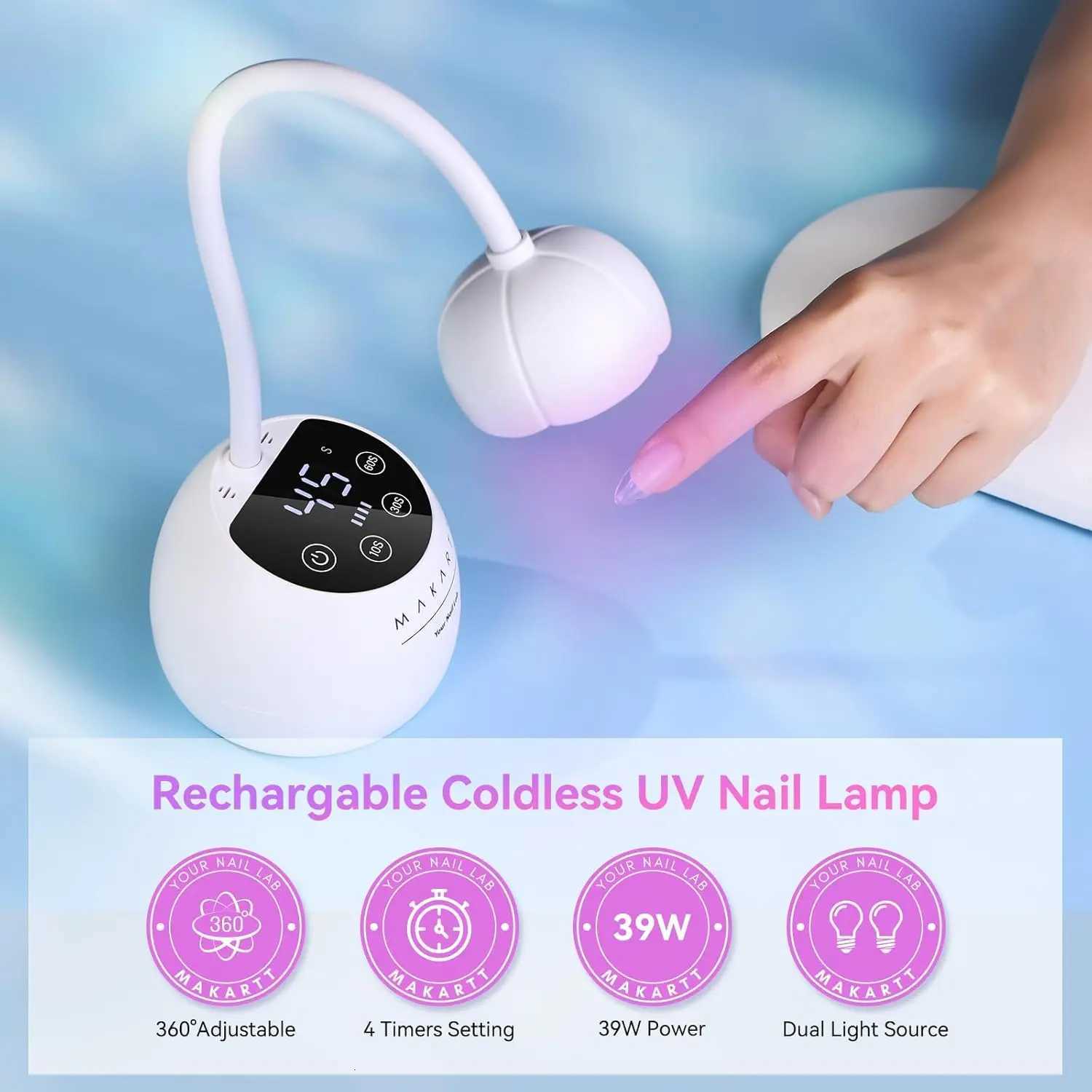 Makartt UV LED Nail Lamp - Gooseneck UV Light for Gel Nails Cherie Cordless USB 39W Nail Dryer LED Gel Lamp with 4 Times AutoT251216