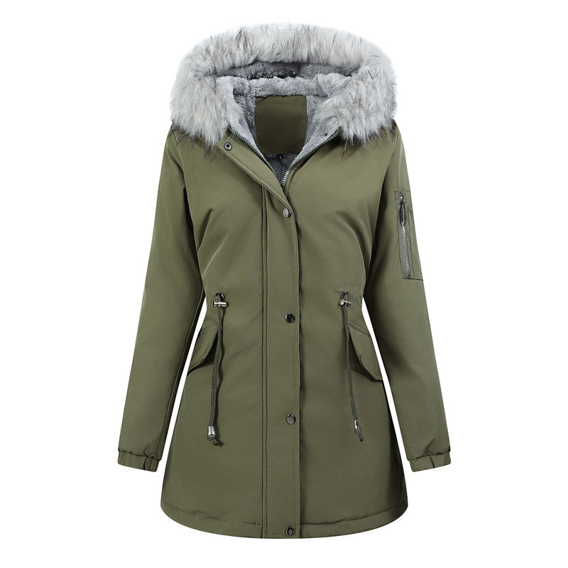 Womens MidLength Hooded Parka Winter Warm WaistCinching FleeceLined Thickened Coat with Fur Collar 241008