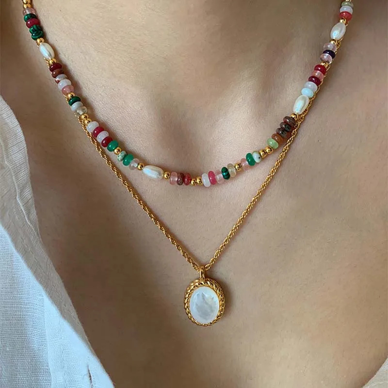 Fashion Colorful Beads Stone Natural Freshwater Pearl Necklaces For Women Retro Gold Color Clavicle Chain Necklace Jewelry Gifts 251212