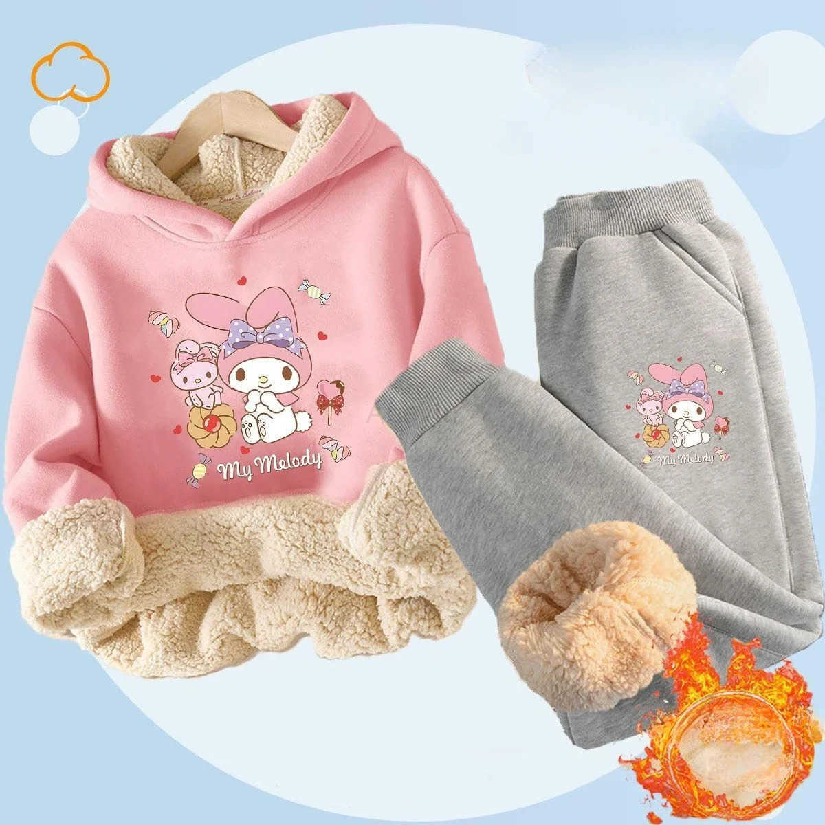 Sanrio Kuromi Plush Warm Childrens Clothing Set for Girls Thicken Fleece Lined Sweatshirt Pants 2 Pcs Suit Winter Tracksuit H251216