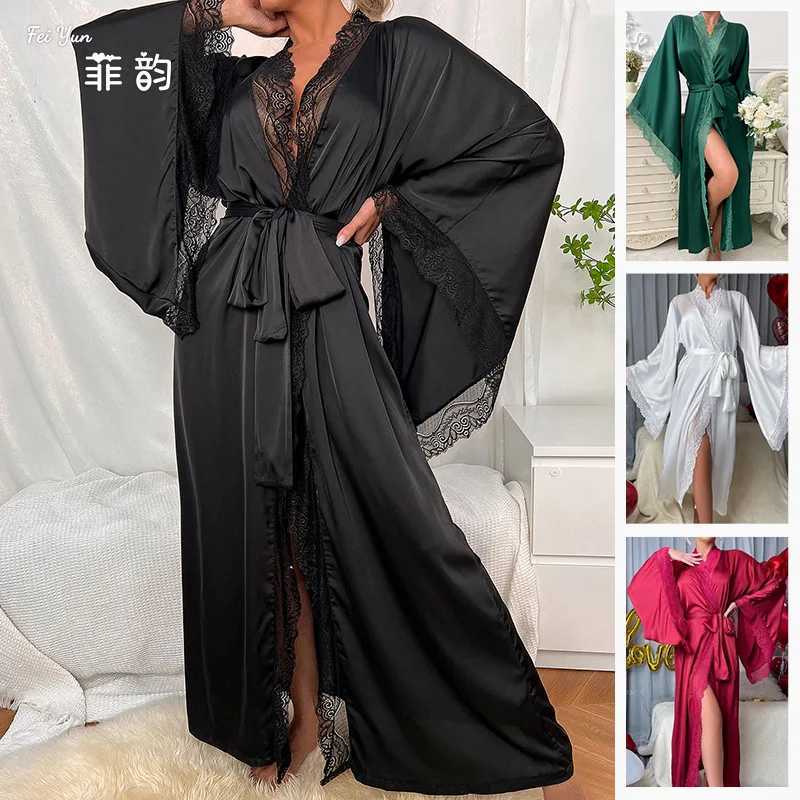 Red Ultra Long Kimono Bathrobe Gown Women Satin Nightgown Wide Sleeve Robe Silky Nightdress V-Neck Lounge Autumn New Sleepwear C251216