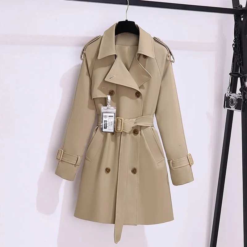 Trendy Womens Trench Coats New Spring Autumn High-end Mid-length Slim Outerwear Double-breasted Belt Long Sleeves WindbreakerT251216
