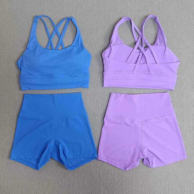 Womens Solid Color Soft Gym Yoga Set 2PC Cross Sport Bra And Cycling Short Legging Tracksuit for Comprehensive Training JogXJ251216