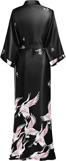 Print Crane Lady Kimono Bathrobe Gown Women Wedding Robe Loose Soft Satin Nightgown Sleepwear V-neck Long Novelty Nightwear C251216