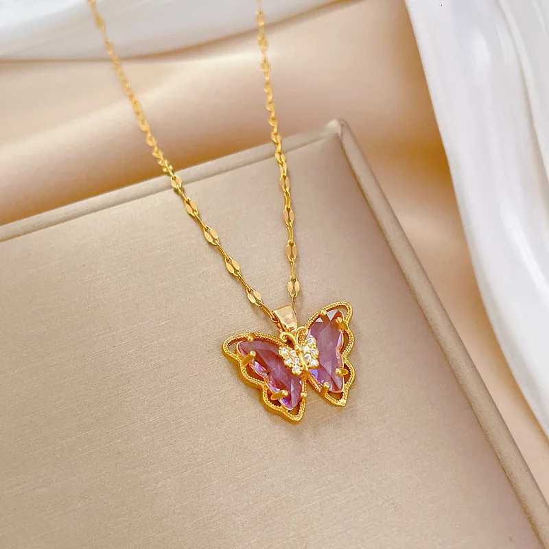 Yupsk Exquisite Titanium Steel Chain Shiny Zircon Butterfly Pendant Necklace for Women Niche Anniversary Birthday Jewelry Gift M251216