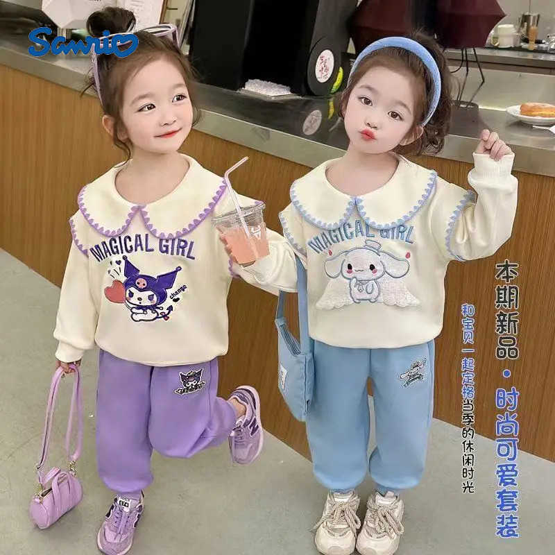 Sanrio Autumn Baby Girl Clothes Set Children Kuromi Cartoon Print Sweatshirt and Pants Two Pieces Suit Kid Long Sleeved Suit H251216