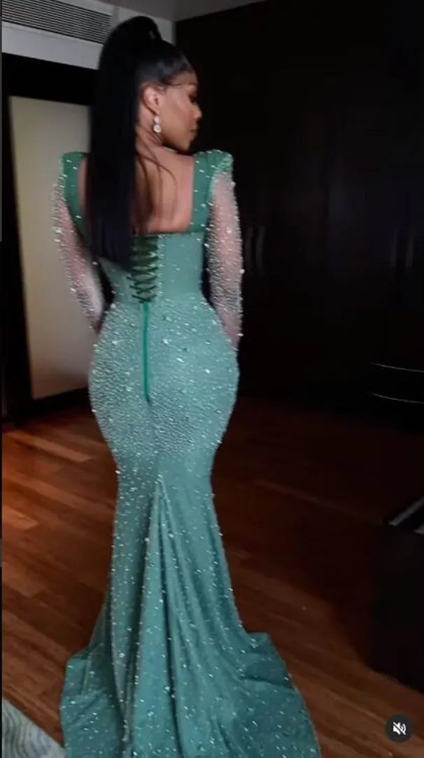 Green Aso Ebi Mermaid Long Sleeves Beaded Arabic Prom Formal Party Second Reception Birthday Engagement Evening Gowns Dresses Robe De Soiree D16