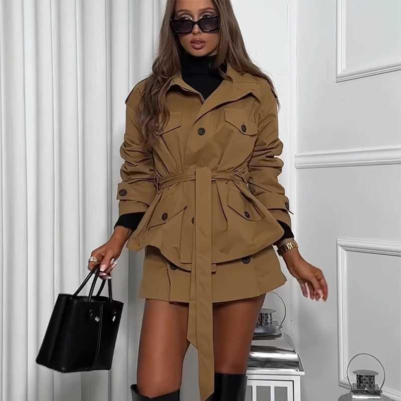 MUJER Short Trench Coat for Women Belt Oversized Womens Windbreaker Bomber Demi-season Jacket for Women Coats New in OuterwearsT251216