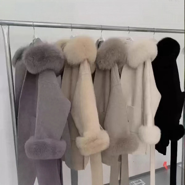 Real Fur Coat Hood Winter Jacket Womens 100% Natural Fox Fur Collar Cuff Cashmere Wool Blended Oversized Coat Loose 240826
