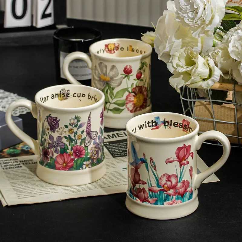 Flower Printed Ceramic Cup Aesthetic Flower and Bird Pattern Coffee Cup Household and Off Cup Utensils Retro Style H251215