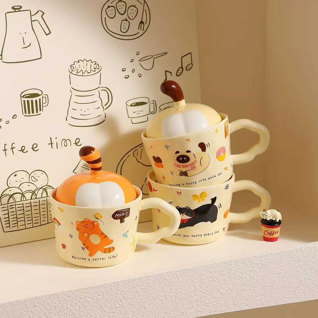 Cute Cartoon Cat Ceramic g Couple Water Cup High-value Gift Box Souvenir Birthday Gift Breakfast Cups H251215