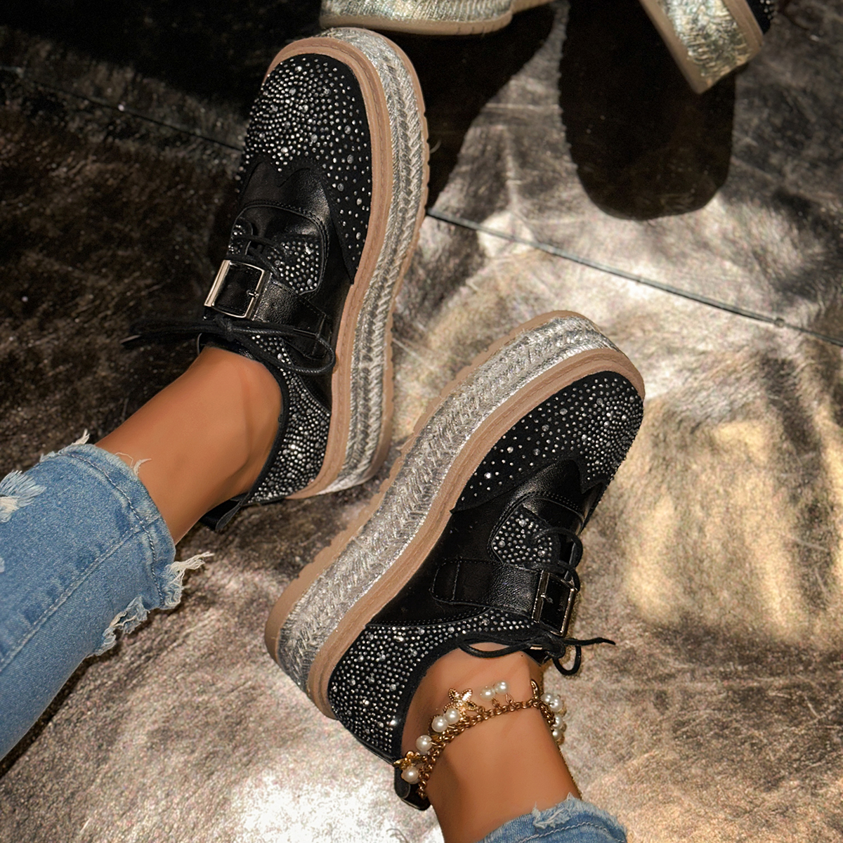 Women Luxury Sneakers Outdoor Platform Female Sneakers Women Fashion Luxury Rhinestone Ladies Shoes Hemp Sole Height Increasing Women's Shoes Zap