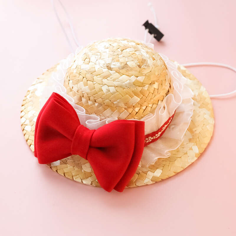 Pet Straw for Kittens and Dogs, Cute Knitted Hat with Summer Sunshade, Little Chanel Style Lace Bowknot Flower