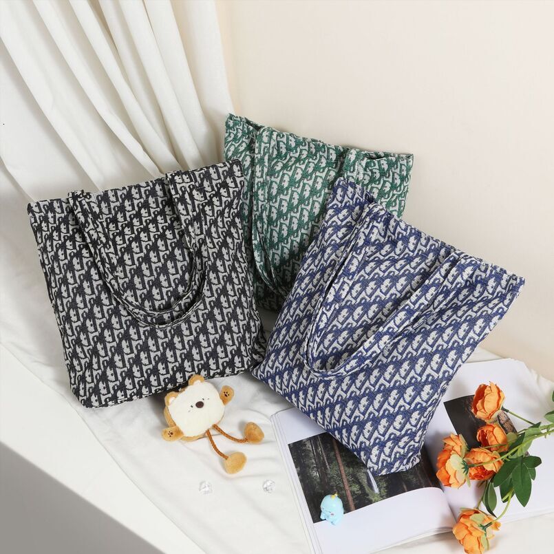 Trendy Lazy Light Luxury Style Letter Floral Cotton Linen Versatile Shoulder Large Capacity Daily Commute Canvas Bag