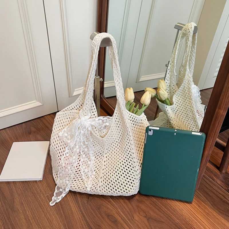 Women Crochet Tote Bag Fashion Knitted Large Capacity Woven Shoulder Bags Solid Color Simple Shopping Bag for Summer Beach M251216