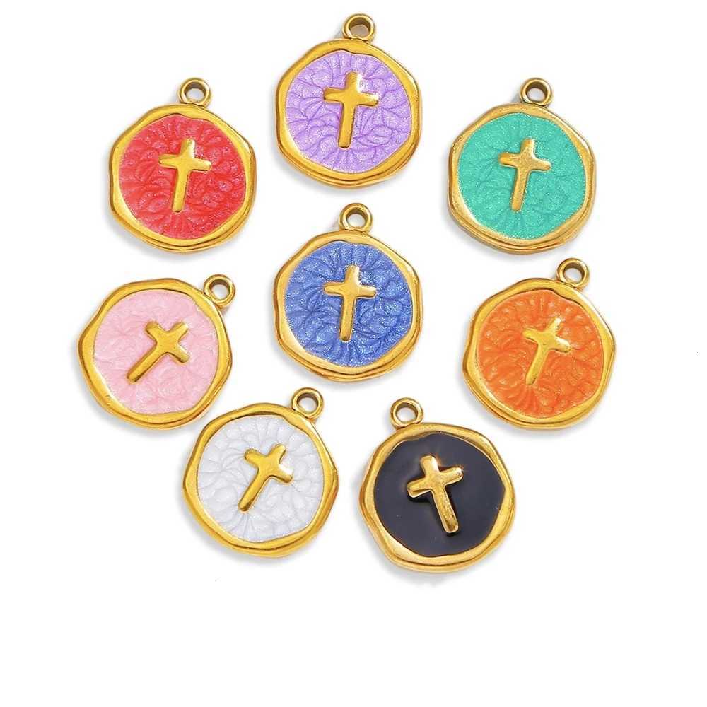 Multi Color 18K Gold Plated Necklace Stainless Steel Enamel Cross Pendant Charm Necklace for Women Men M251216