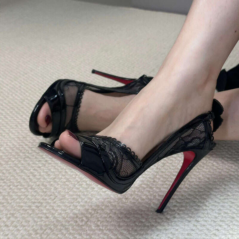 2025 Summer New Peep Toe Lace Black High Heels Women Thin Heel Sexy Mature Bowknot Strap Sandals