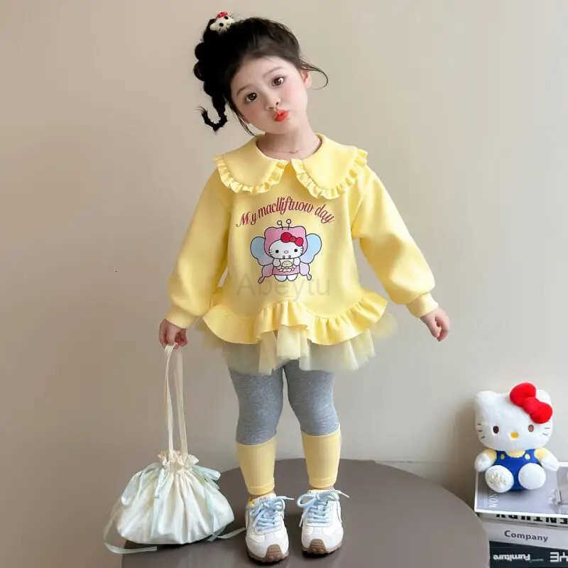Sanrio Two-Piece Set Hello Kitty Spring Autumn Girl Cartoon Autumn Clothing Outdoors Sweet Cute Mesh Peter Pan Collar Hoodie Leggings H251216