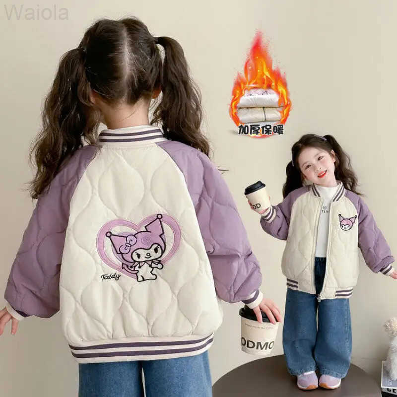 Sanrio Kuromi Cotton-Padded Jacket Girl Winter Coat Tops Baseball Jersey Child Kawaii Anime Cartoon Fashion New Casual Clothing H251216