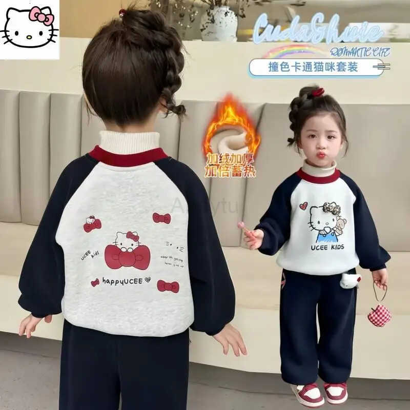 Sanrio Hot Girl Loungewear Set Hello Kitty Kawaii Anime Fashion Winter Thickening Sweatsuit Childrens Clothing Christmas Gift H251216