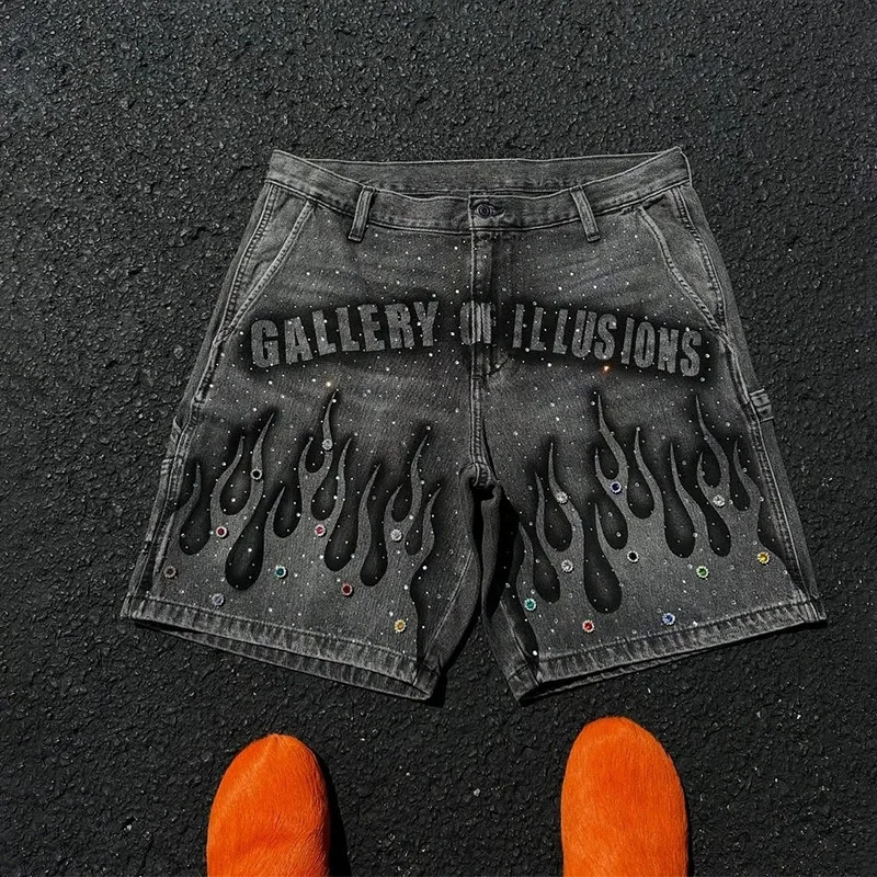 Y2K retro casual jeans flame pattern rhinestone decoration high waist denim shorts fashion mens hip-hop street clothing 251215