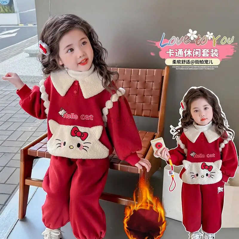 Sanrio Hello Kitty Hoodie Two-Piece Set Girl Autumn Winter Tops Pants Sportswear Child Kawaii Anime Cartoon New Casual Clothing H251216