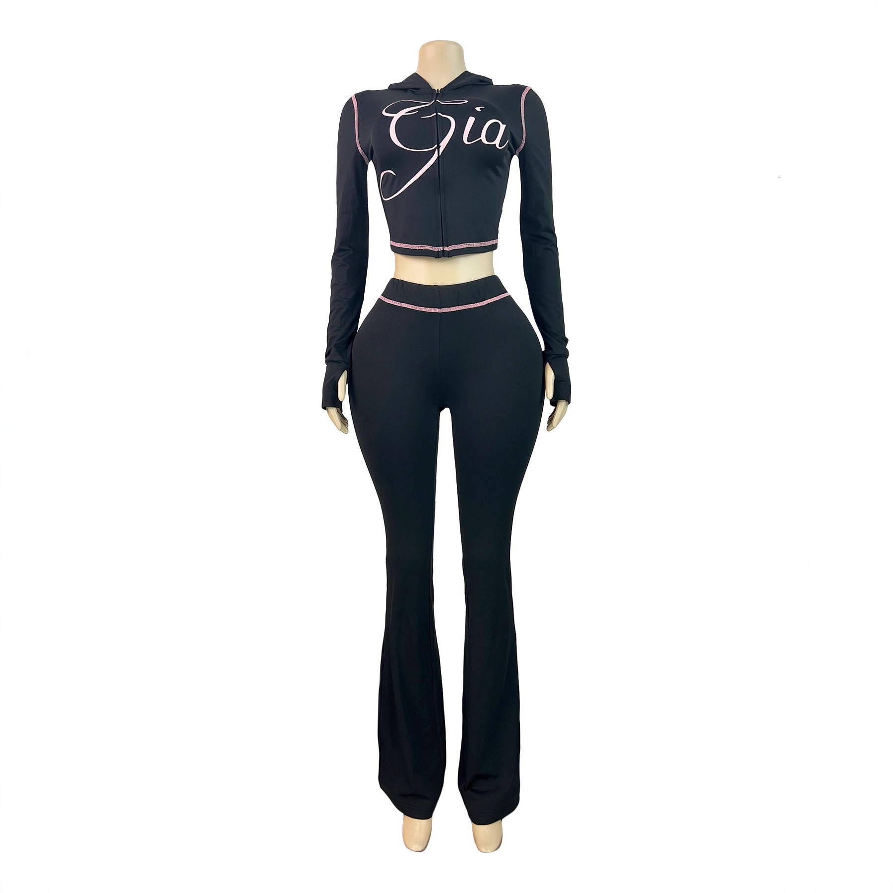 Womens Tracksuits Two Pieces Set New Fashion Printed Hooded Long Sleeve Thumb Button Flared Sportwear 5 Colors