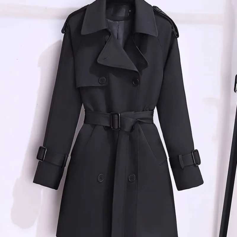 Trendy Womens Trench Coats New Spring Autumn High-end Mid-length Slim Outerwear Double-breasted Belt Long Sleeves WindbreakerT251216