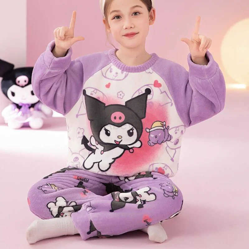 Sanrio Girls Sleepwear for Autumn and Winter Hello Kitty Tops Set Kawaii Y2k Anime Fashion 2-piece Childrens Clothing Outer H251216