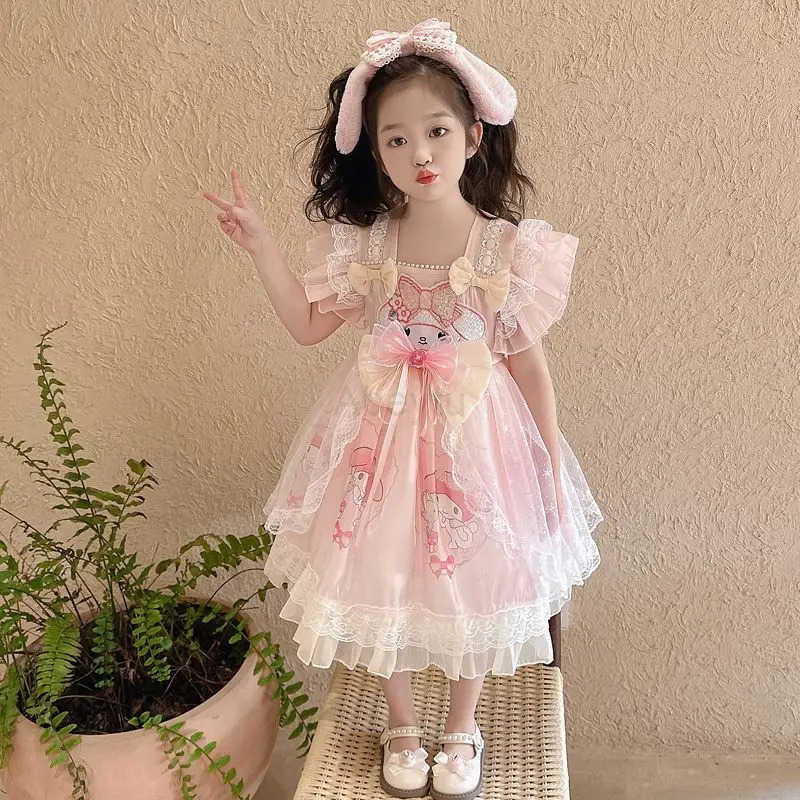 Sanrio Girl My Melody Princess Dress Kawaii Kids Lolita Cinnamoroll Yarn Skirt Children Clothing Ceremonial Dress Birthday Gift H251216